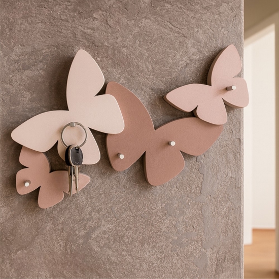 Portachiavi da parete magnetico moderno farfalle legno colore rosa nuvola