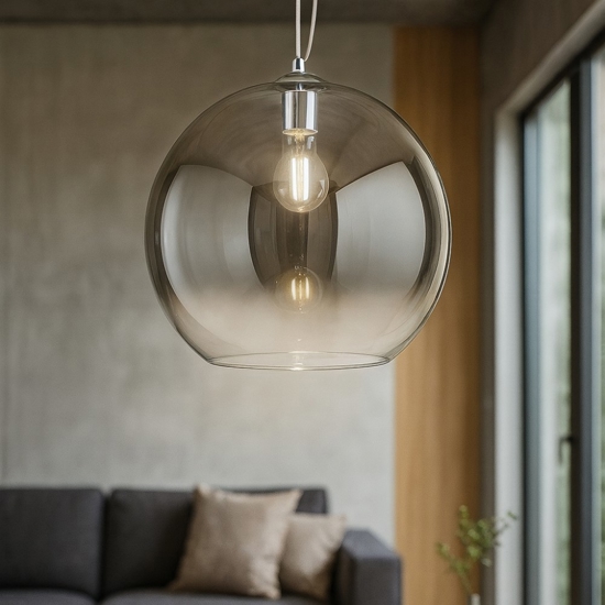 Lampadario a boccia 45cm in vetro fume sfumato trasparente Lampadario a boccia 45cm in vetro fume sfumato trasparente