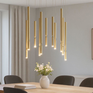 Visualizza i dettagli per Lampadario moderno 12 luci led 3000k ondaluce so tubic oro dimmerabile Lampadario moderno 12 luci led 3000k ondaluce so tubic oro dimmerabile