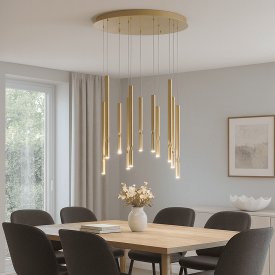 Lampadario moderno 12 luci led 3000k ondaluce so tubic oro dimmerabile