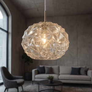 Visualizza i dettagli per Lampadario moderno sfera sfaccettata di vetro ambra meteora perenz Lampadario moderno sfera sfaccettata di vetro ambra meteora perenz