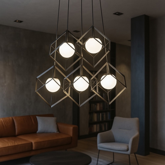 Lampadario per soggiorno moderno cube nero 5 luci perenz