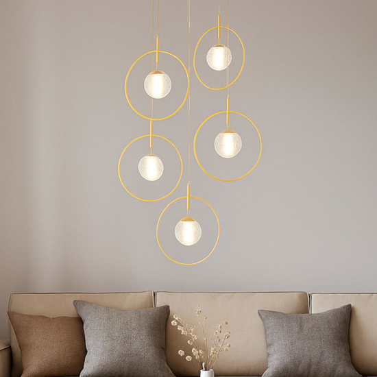 Lampadario per salotto 5 luci oro e sfere vetro decorato led 3000k