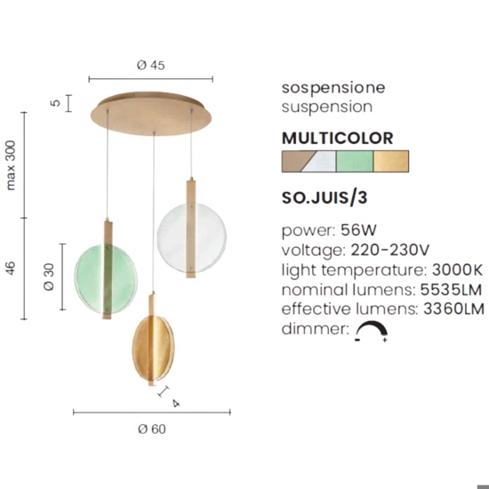 Ondaluce juis lampadario moderno led 3 luci multicolor