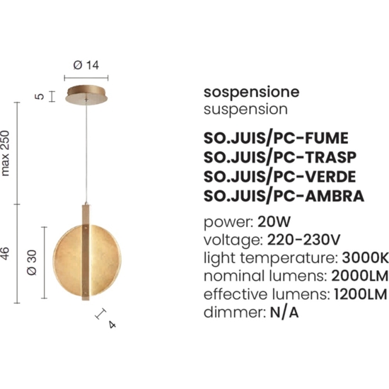 Lampada a sospensione disco trasparente ondaluce juis led 20w 3000k