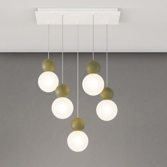 Top light cottage verde lampadario per tavolo cucina 5 luci sfere vetro bianco