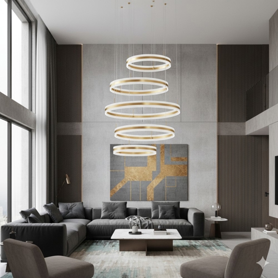Lampadario design moderno anelli oro led 444w 3000k dimmerabile
