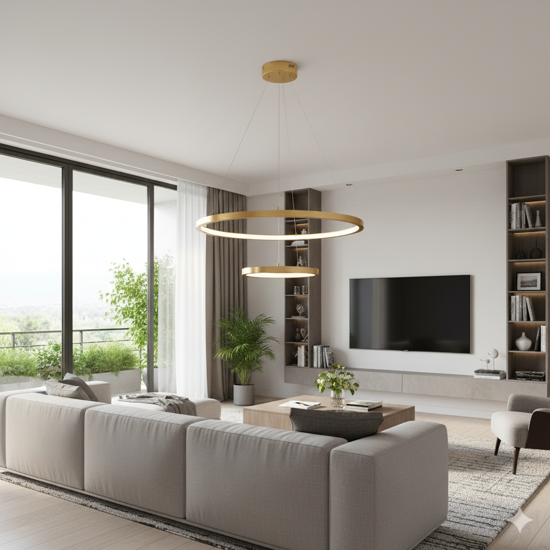 Lampadario moderno per salotto anelli oro led 60w 3000k