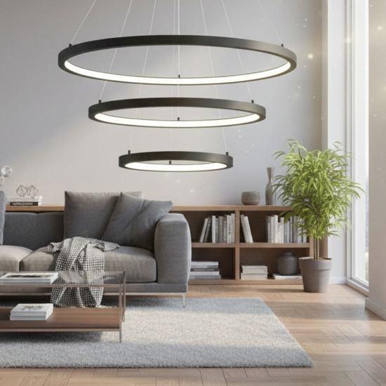 Grande lampadario moderno led 3 anelli led 3000k nero opaco