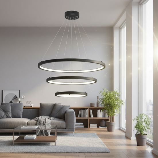Grande lampadario moderno led 3 anelli led 3000k nero opaco