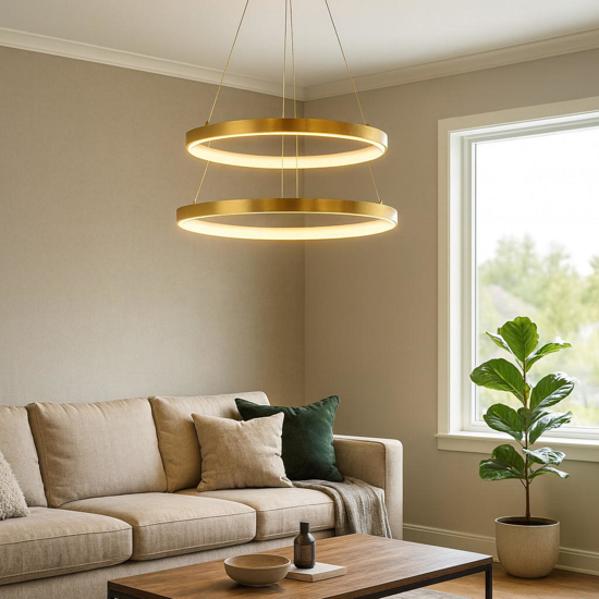 Lampadario doppio anello foglia oro led 3000k dimmerabile moderno