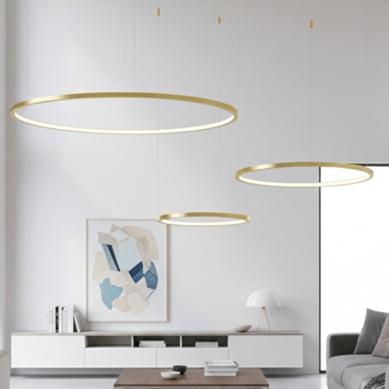 Lampadario moderno 3 anelli oro led 3000k dimmerabile per salone