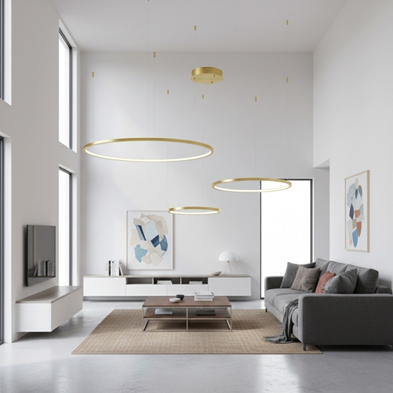 Lampadario moderno 3 anelli oro led 3000k dimmerabile per salone