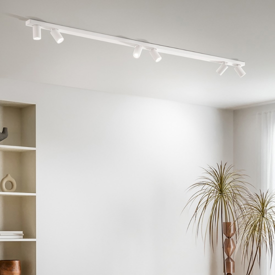 Plafoniera lunga 200cm oddy perenz bianca con 6 spot orientabili