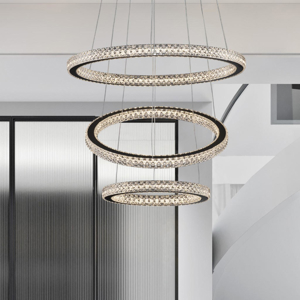 Lampadario per salotto tre anelli orientabili neri led 3000k dimmerabile cristalli