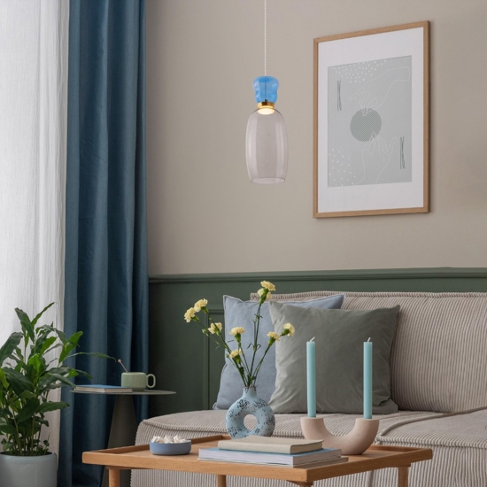 Lampada sospensione vetro azzurro per tavolino soggiorno