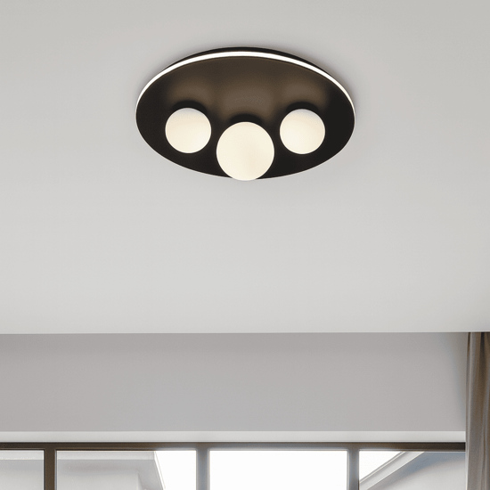 Plafonira tonda nera con 3 sfere 49cm vetro bianco led 3000k dimmerabile
