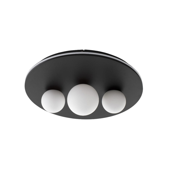 Plafonira tonda nera con 3 sfere 49cm vetro bianco led 3000k dimmerabile