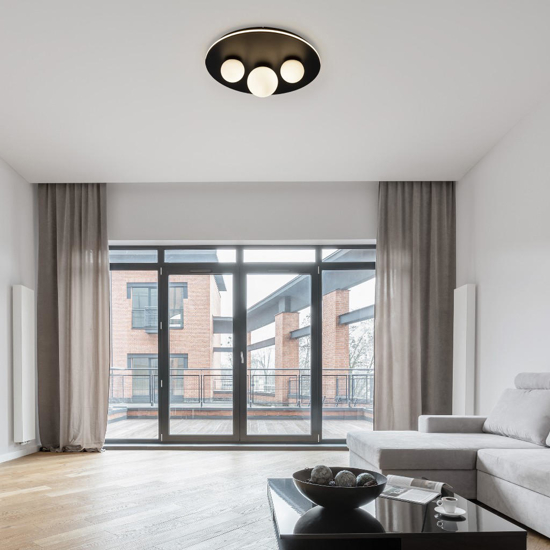 Plafonira tonda nera con 3 sfere 49cm vetro bianco led 3000k dimmerabile