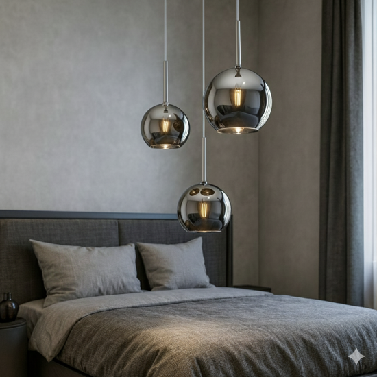 Lampadario pendente tre luci vetri cromo per camera da letto