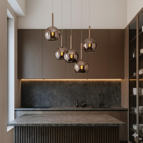 Lampadario per cucina moderna vetri sfere rame