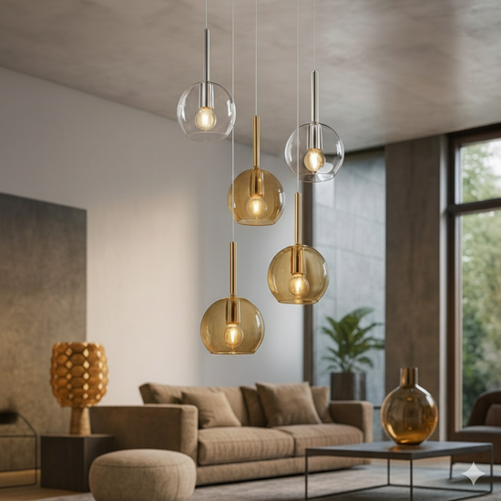 Lampadario per soggiorno vetri sfere ambra trasparente