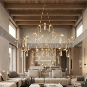Lampadario design elegance con cristalli oro led 20w 3000k per salotto