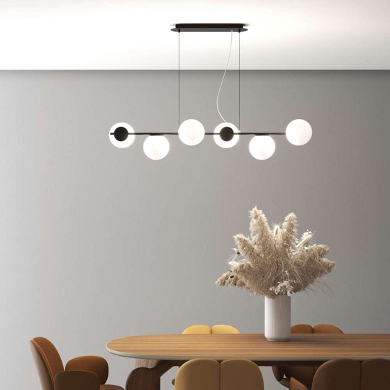 Top light holly lampadario nero per soggiorno 6 sfere vetro bianco