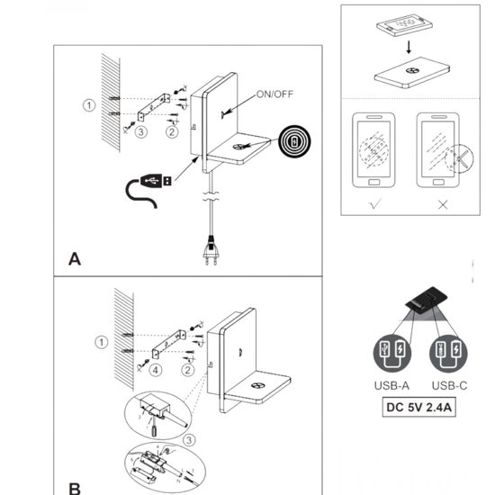 Applique da comodino bianco con presa usb base ricarica telefono