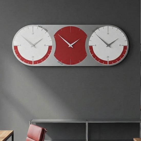 Orologio da parete moderno 3 fusi orari rubino grigio e bianco in legno