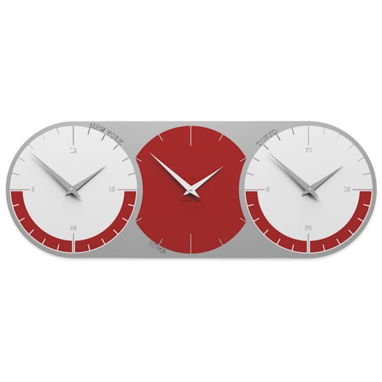 Orologio da parete moderno 3 fusi orari rubino grigio e bianco in legno