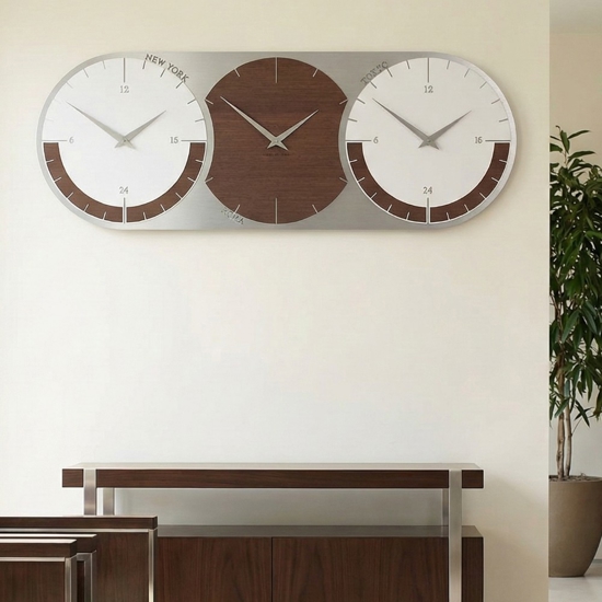 Orologio da muro moderno fusi orari 3 rovere wenge grigio bianco 