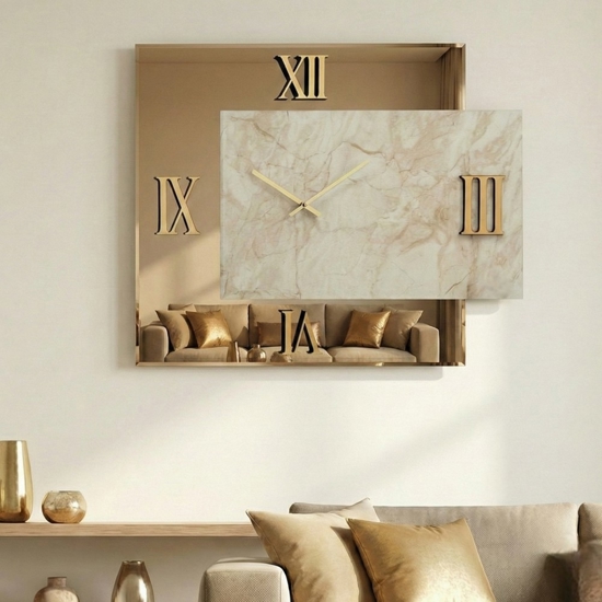 Orologio quadrato da muro design specchio bronzo e marmo laminato 80x90cm