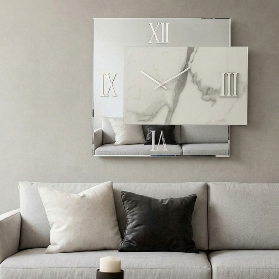 Orologio da parete 60x70cm specchio chiaro e finitura effetto marmo