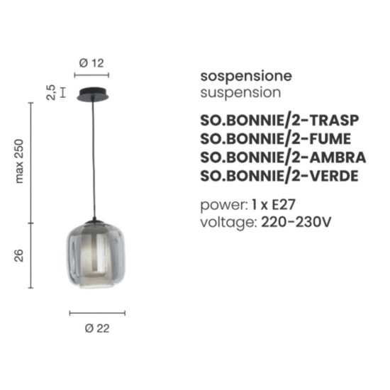 So bonnie 2 fume ondaluce lampada a sospensione vetro per bancone base nero