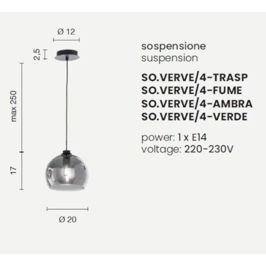 Ondaluce so verve 4 lampada a sospensione sfera vetro fume base nero