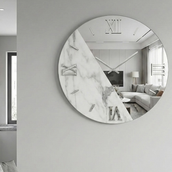 Grande orologio da parete 100cm rotondo specchio marmo laminato bianco