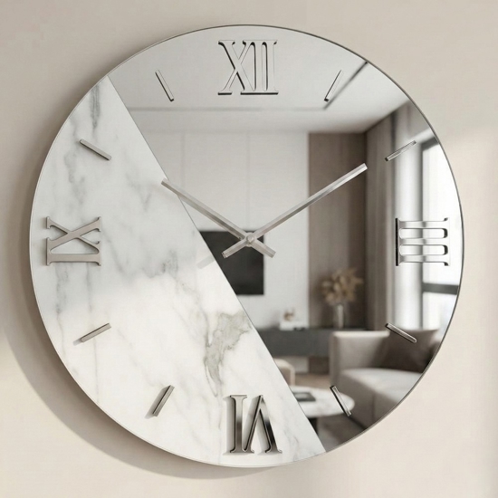 Orologio da parete 60cm moderno rotondo specchio e marmo laminato