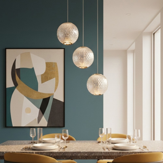 Lampadario a cascata 3 luci sfere trasparenti oro led 16w 3200k