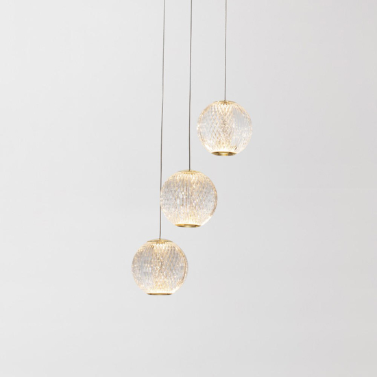Lampadario a cascata 3 luci sfere trasparenti oro led 16w 3200k