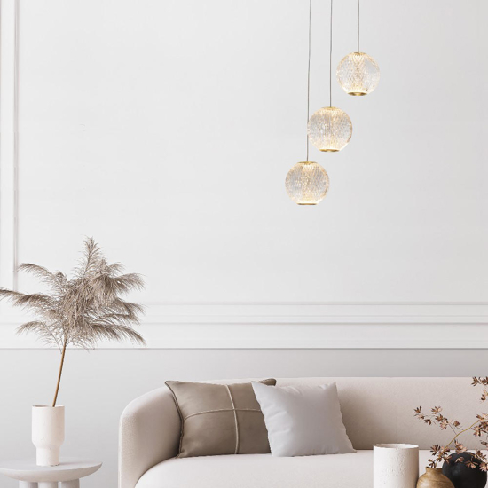 Lampadario a cascata 3 luci sfere trasparenti oro led 16w 3200k