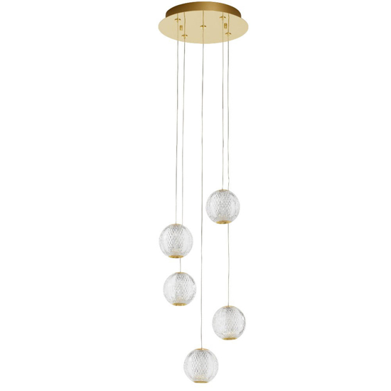 Lampadario a cascata per soggiorno 5 sfere trasparenti oro