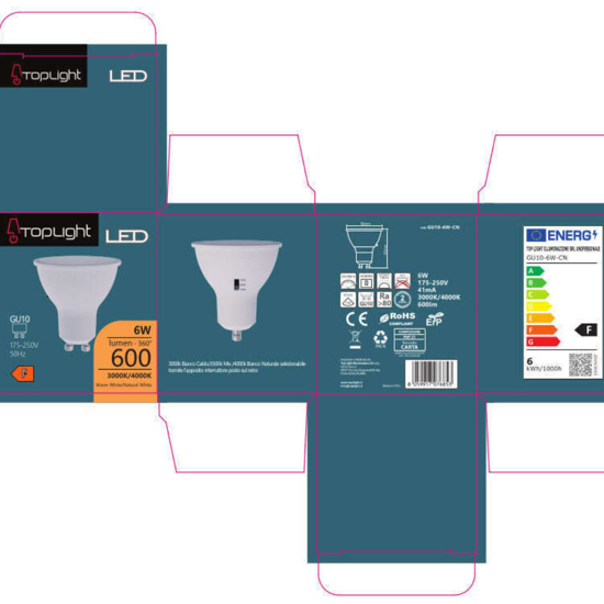 Top light lampadina gu10 6w led cct 600 lumen