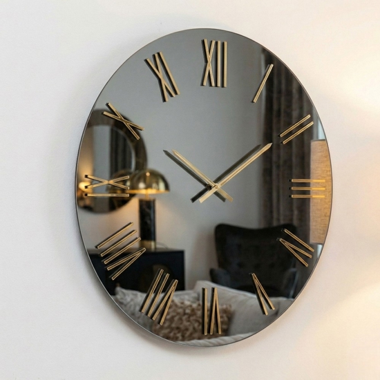 Orologio rotondo 60cm specchio fume' numeri romani foglia oro