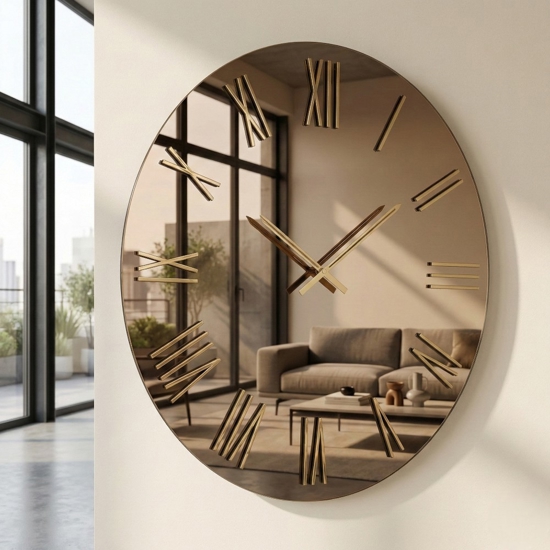 Orologio rotondo moderno 80cm specchio bronzo e numeri foglia oro