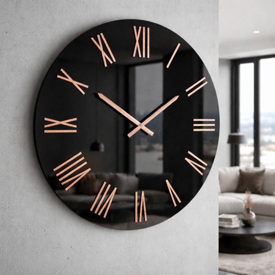 Orologio per parete moderno nero effetto specchio numeri romani foglia rame