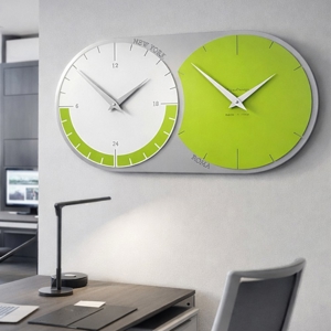 Orologio da parete fusi orari 2 verde mela grigio e bianco in legno
