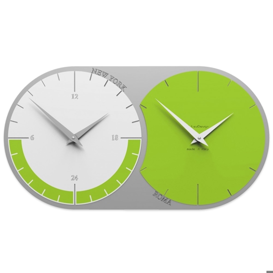 Orologio da parete fusi orari 2 verde mela grigio e bianco in legno