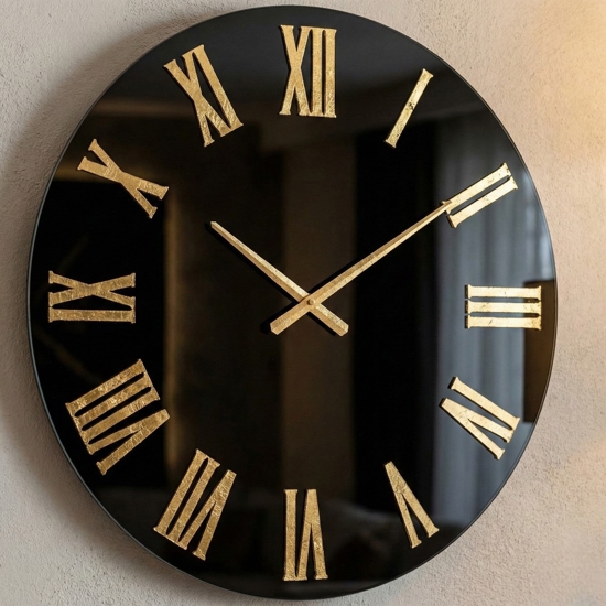 Grande orologio da parete moderno effetto specchio numeri foglia oro
