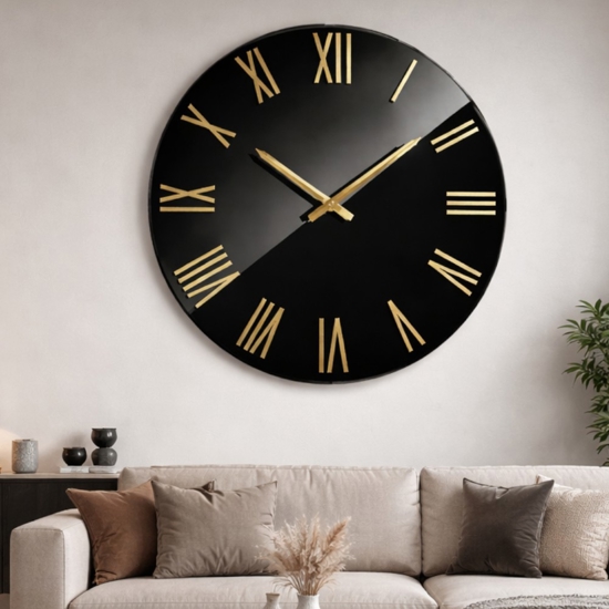 Orologio rotondo moderno nero effetto specchio numeri romani foglia oro